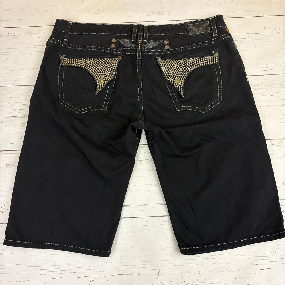 Robin's Jean Denim Bermuda Shorts Mens 44 Black Studded Biker Distressed Pockets